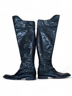 CHANEL Black Patent Leather Knee-High Riding Boots